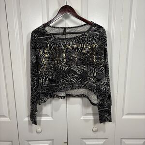 Cleo Womens S Crop Sweater Black Gray Leopard Animal Print Metallic Boho Y2K